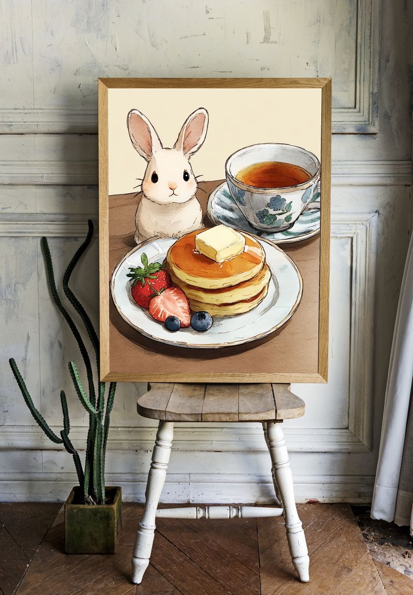 Bunny Breakfast Watercolor Print. room preview