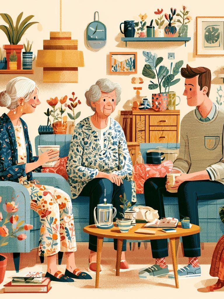 Cozy Living Room Conversation Illustration Poster. poster — illustration art