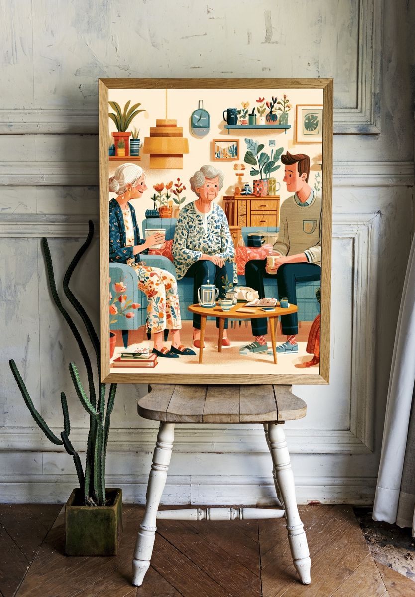 Cozy Living Room Conversation Illustration Poster. room preview