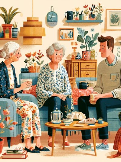 Cozy Living Room Conversation Illustration Poster.