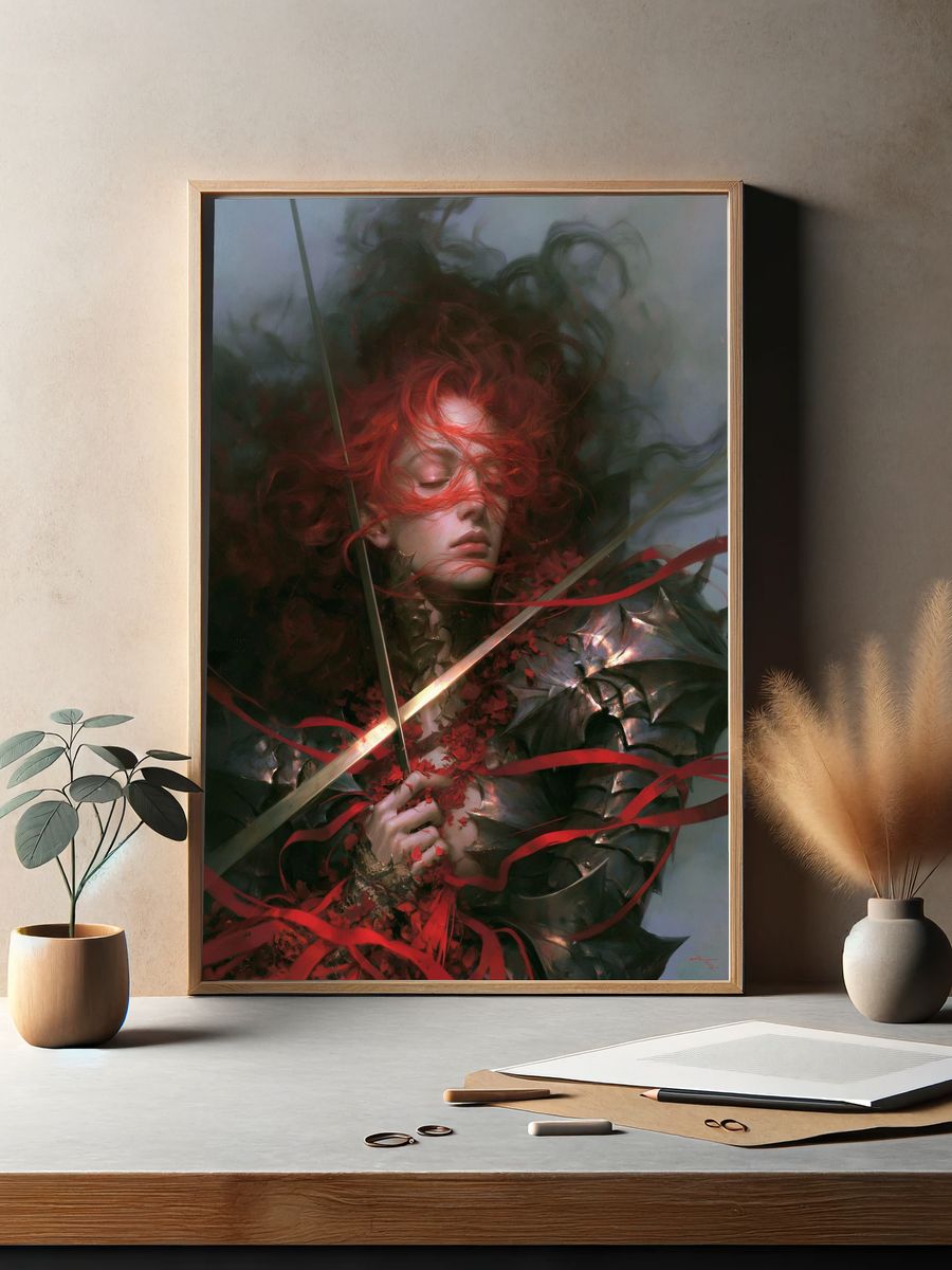 Crimson Warrior Portrait Print. — room view 2