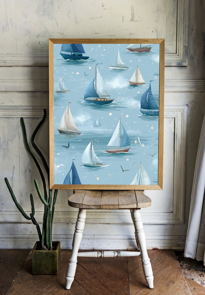 Sailboats on Blue Sea Illustration Poster. — room view 1