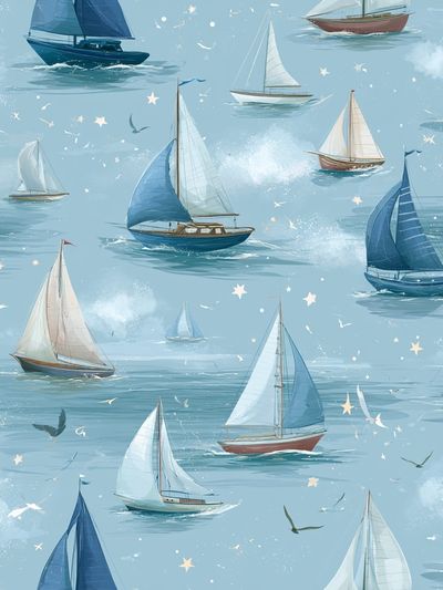 Sailboats on Blue Sea Illustration Poster.