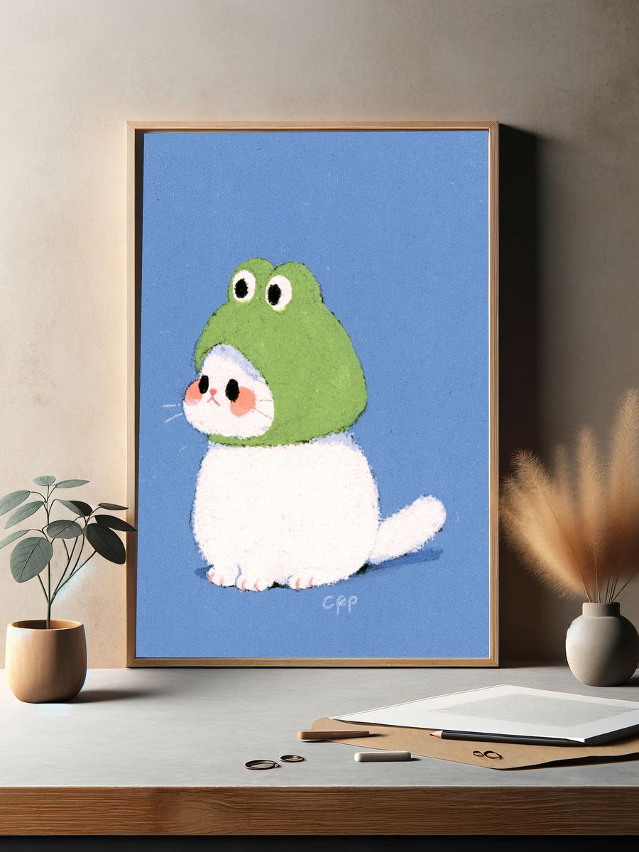 Frog Hat Cat Illustration Poster. — room view 2