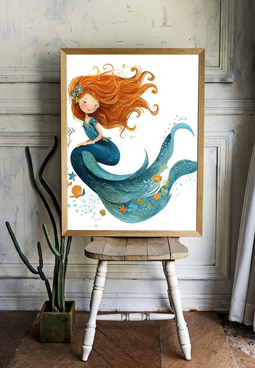 Mermaid Girl Watercolor Poster. room preview