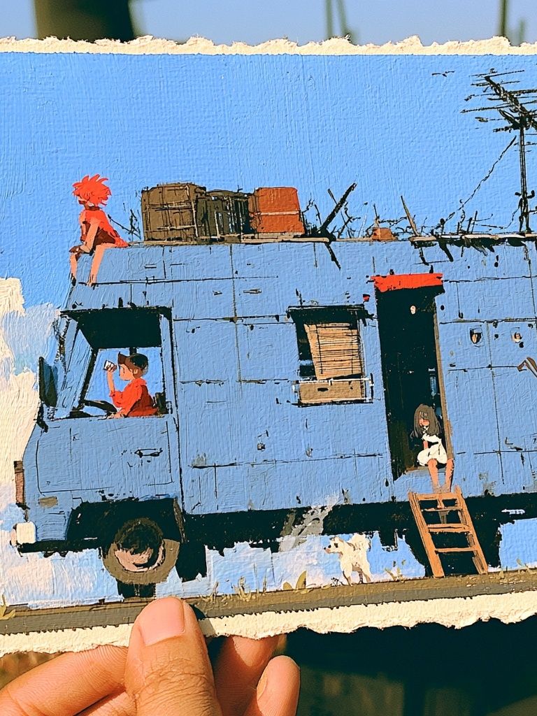 Blue Caravan Scene Illustration Poster. poster detail