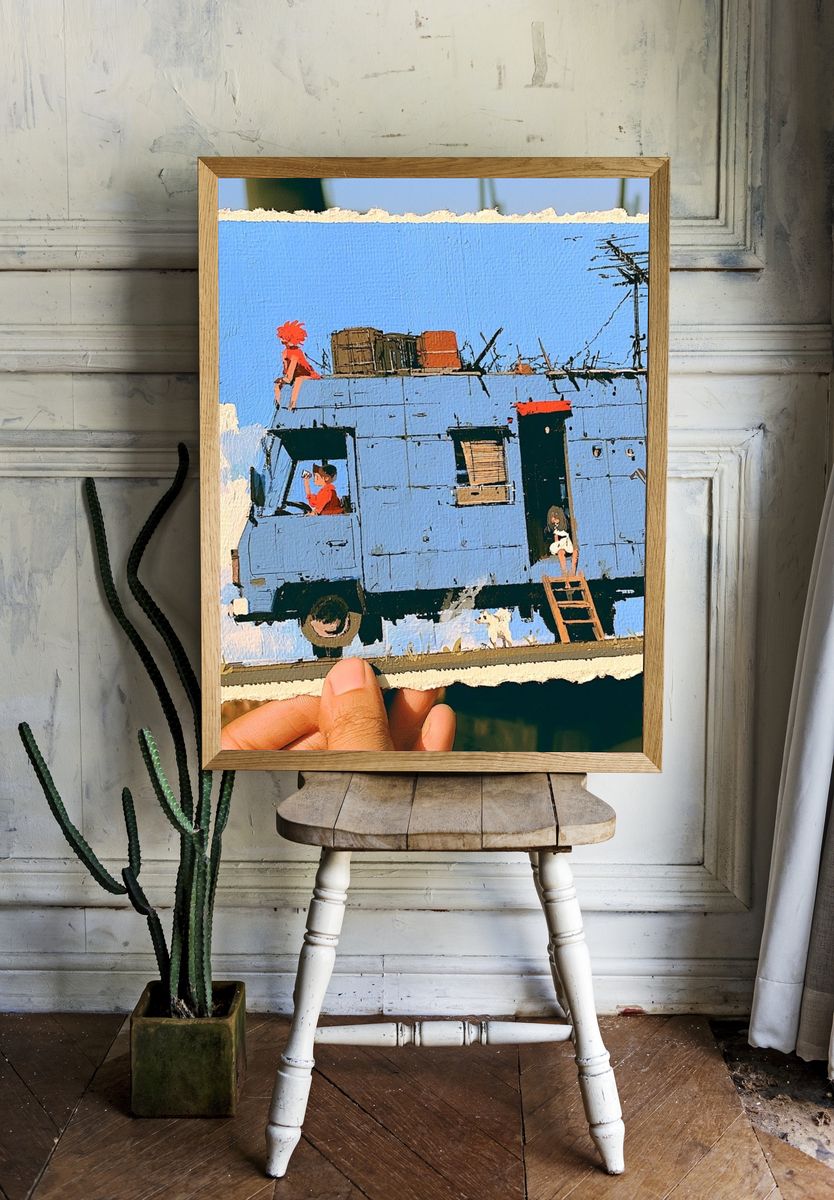 Blue Caravan Scene Illustration Poster. room preview
