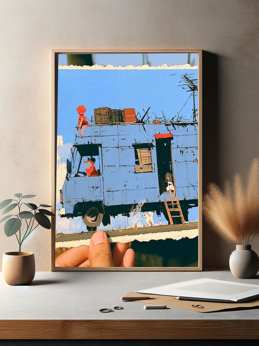 Blue Caravan Scene Illustration Poster. — room view 2