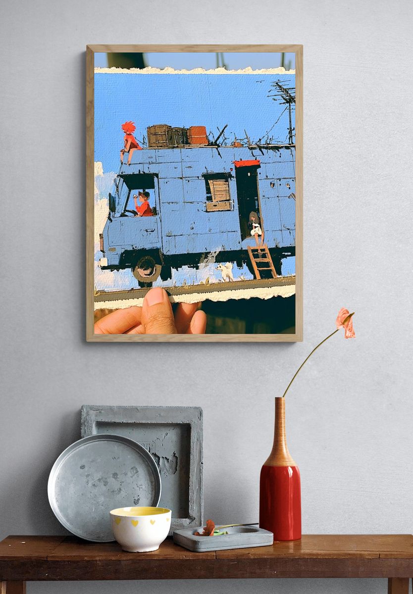 Blue Caravan Scene Illustration Poster. — room view 3
