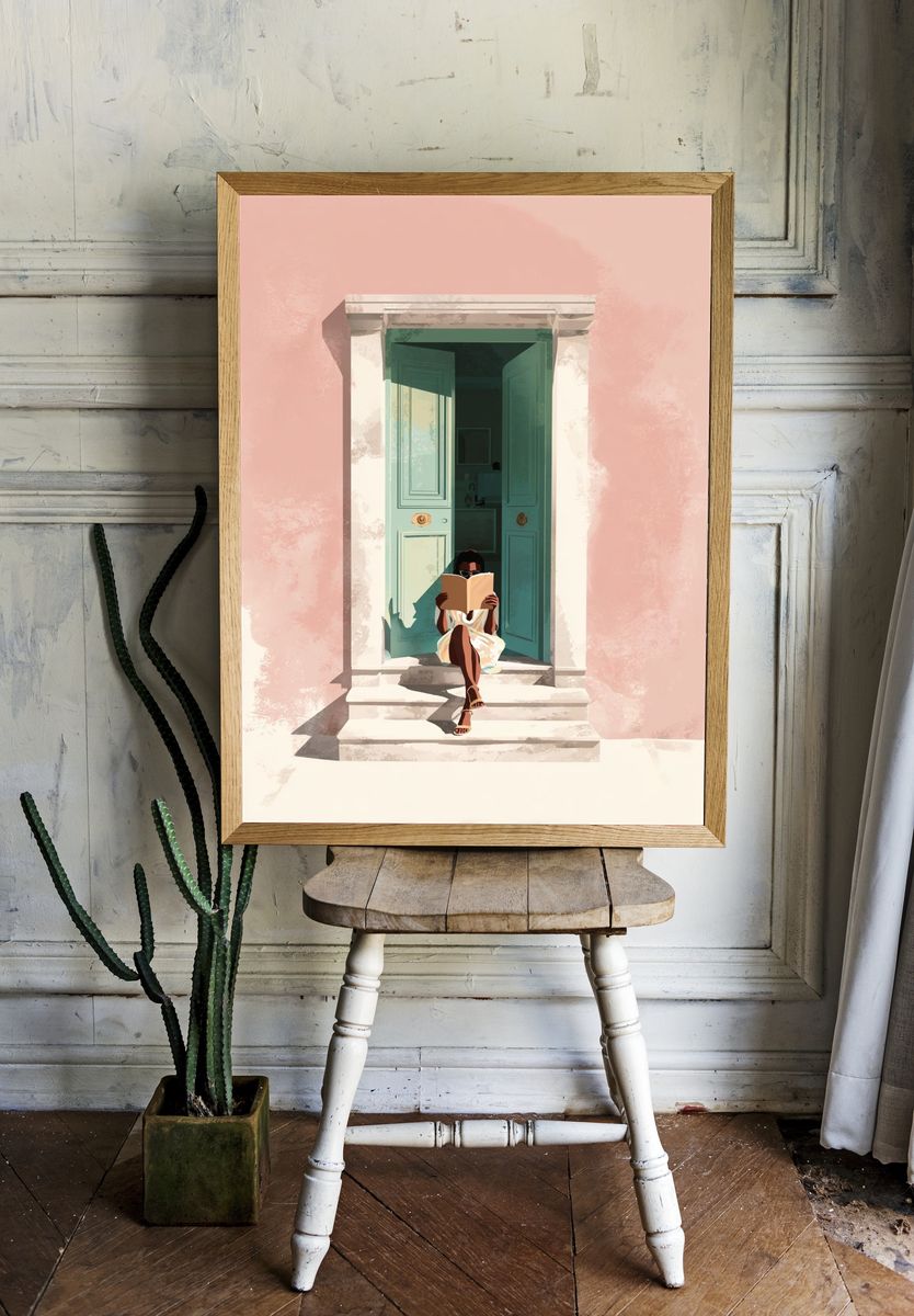Reading Woman by Door Illustration Poster. — room view 1