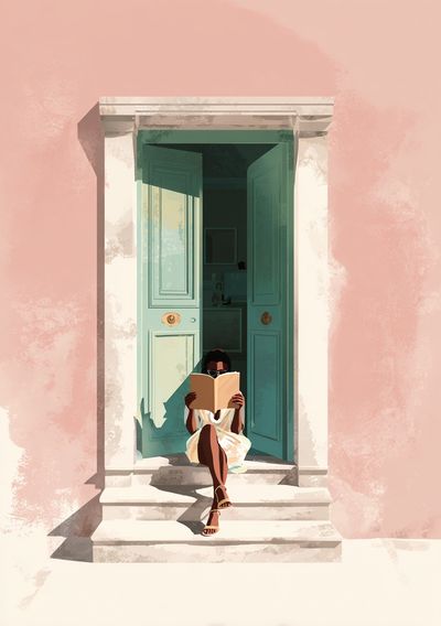 Reading Woman by Door Illustration Poster. poster print