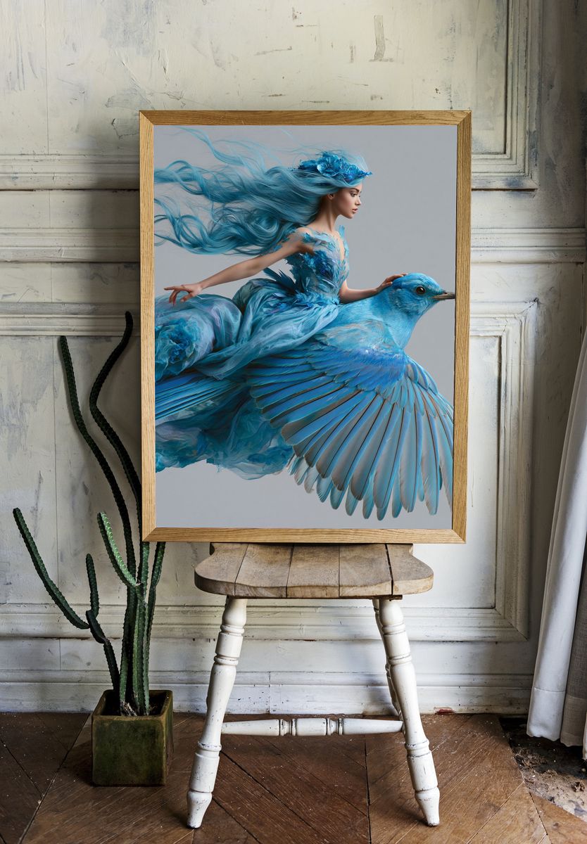 Blue Bird Rider Illustration Poster. room preview