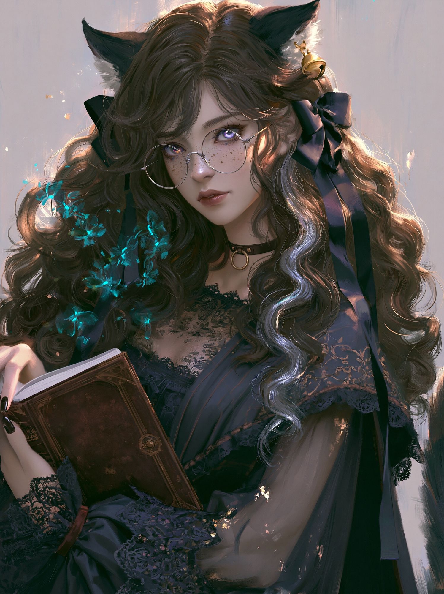 Cat-Eared Girl with Book Illustration Poster. poster — illustration art