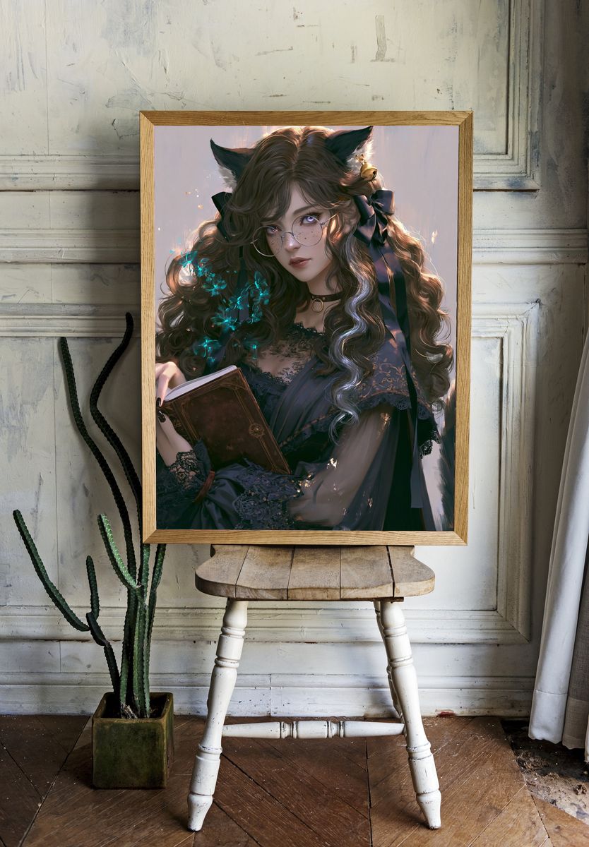 Cat-Eared Girl with Book Illustration Poster. — room view 1