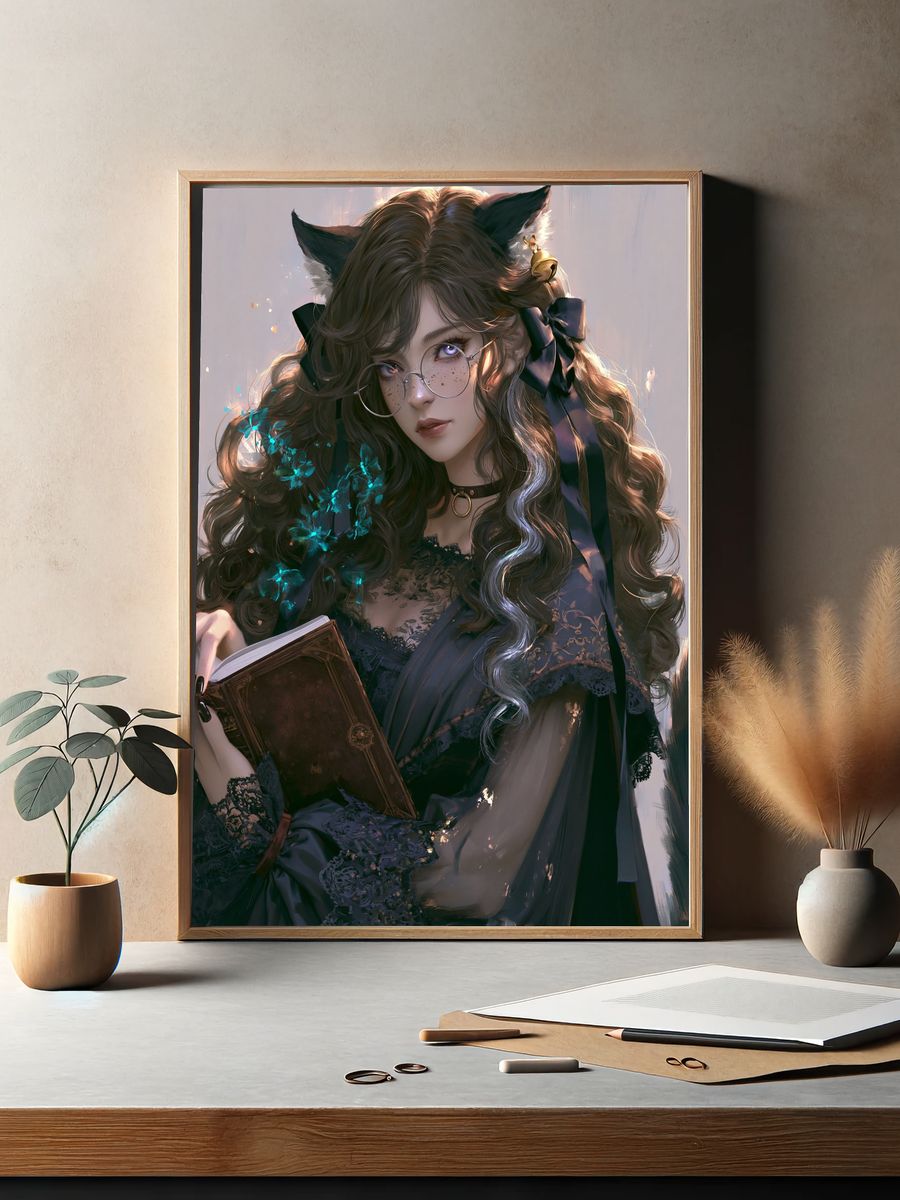 Cat-Eared Girl with Book Illustration Poster. — room view 2