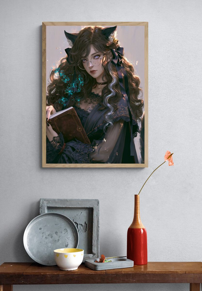 Cat-Eared Girl with Book Illustration Poster. — room view 3