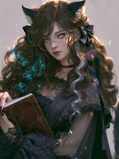 Cat-Eared Girl with Book Illustration Poster.