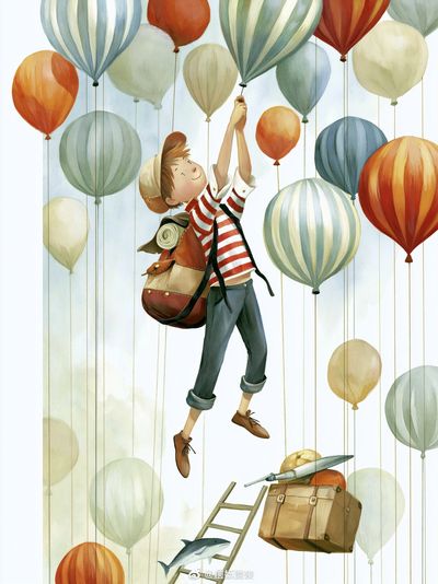 Boy and Balloons Illustration Poster. poster print