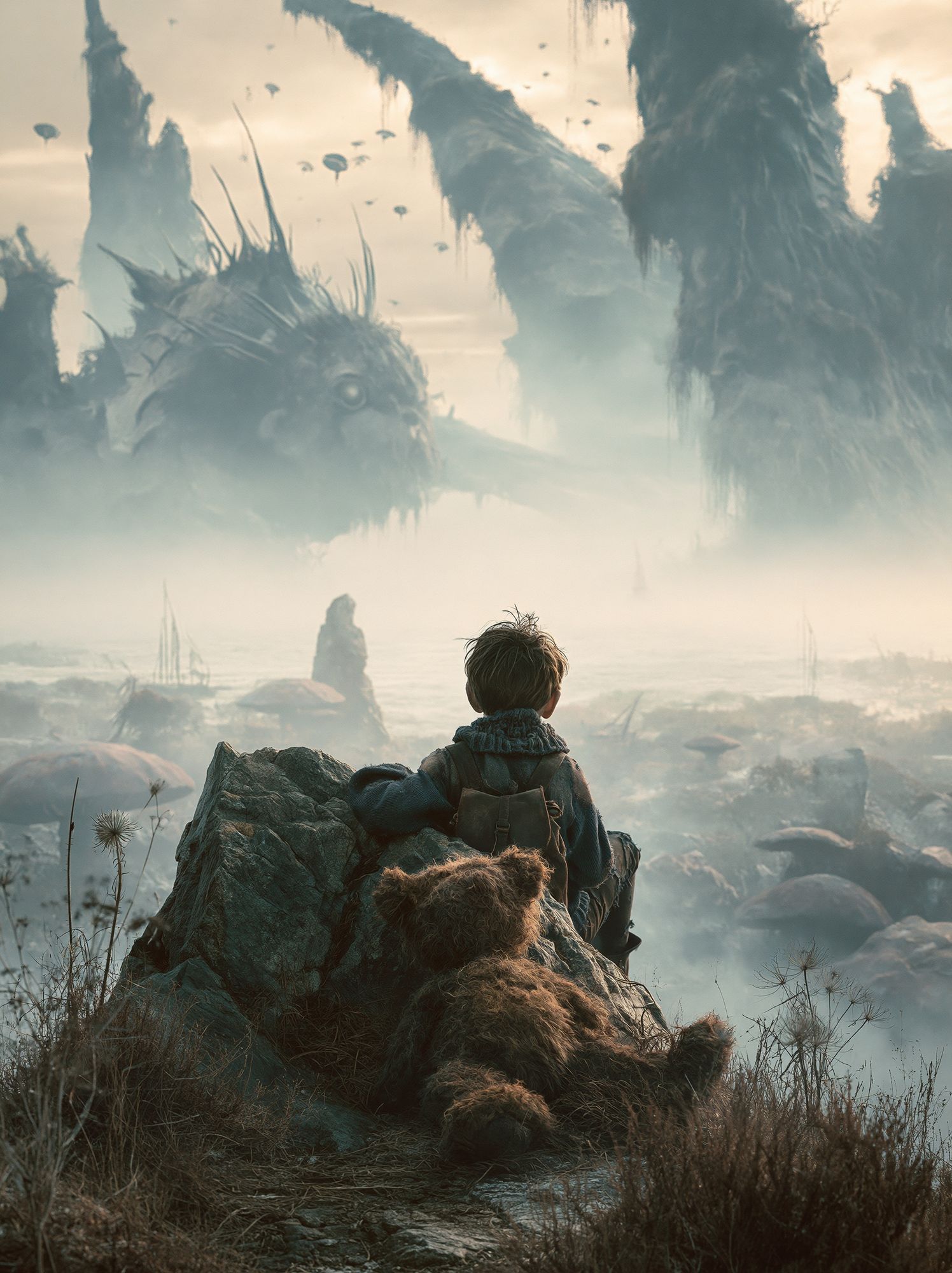 Fantasy Boy and Giant Creatures Poster. poster detail