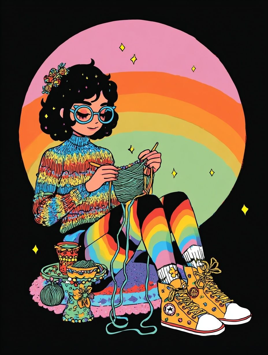 Rainbow Knitting Girl Illustration Poster. poster detail