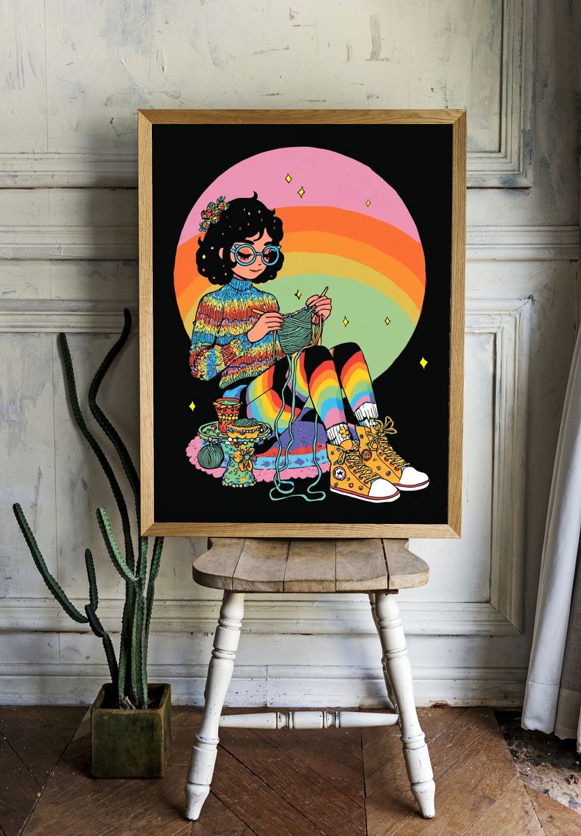 Rainbow Knitting Girl Illustration Poster. room preview
