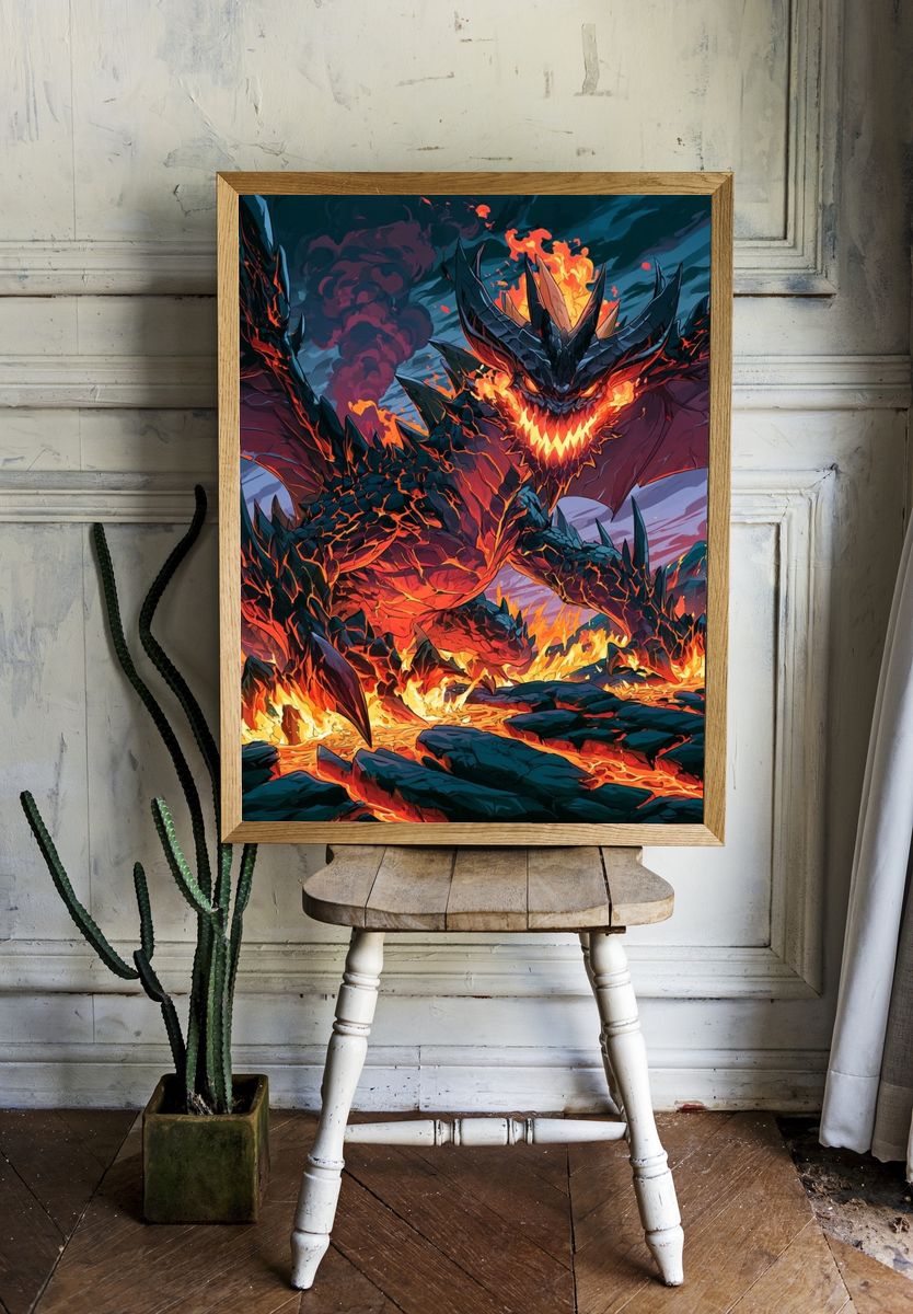 Fire Dragon Battle Illustration Poster. — room view 1