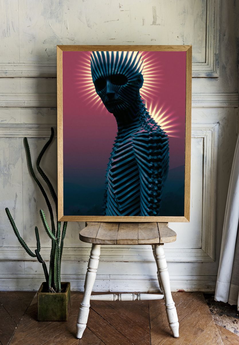 Neon Skull Figure Illustration Poster. — room view 1