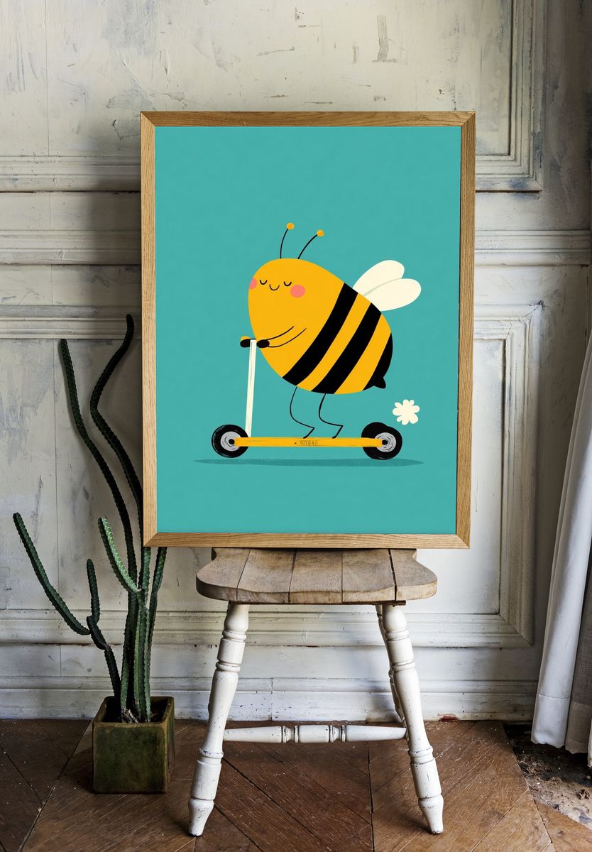 Cute Bee Scooter Illustration Poster room preview