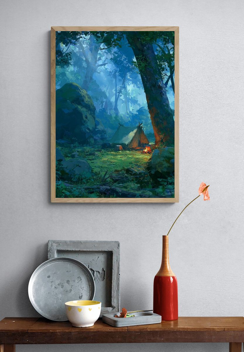 Forest Campfire Digital Art Poster. — room view 3