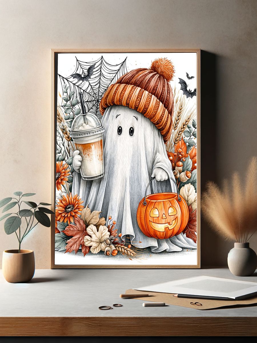 Halloween Ghost Autumn Illustration Poster. — room view 2