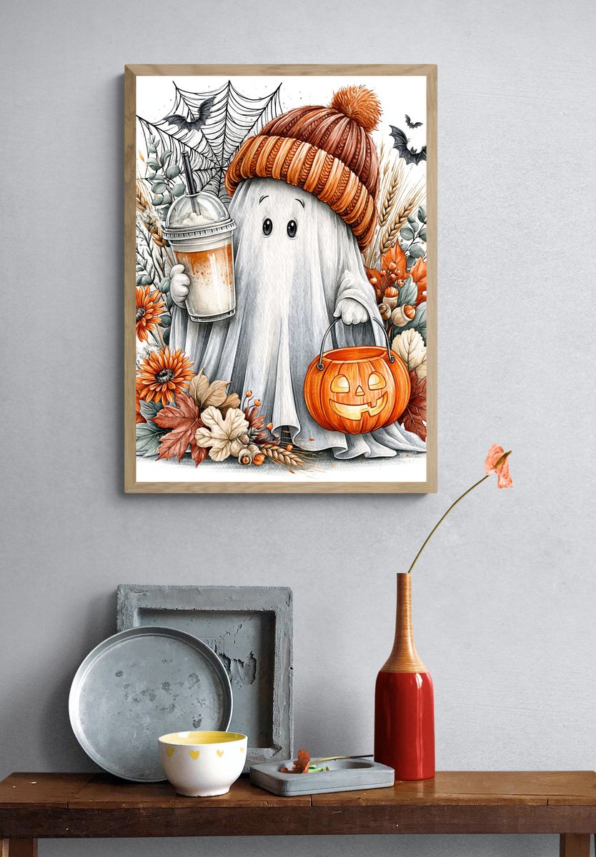 Halloween Ghost Autumn Illustration Poster. — room view 3