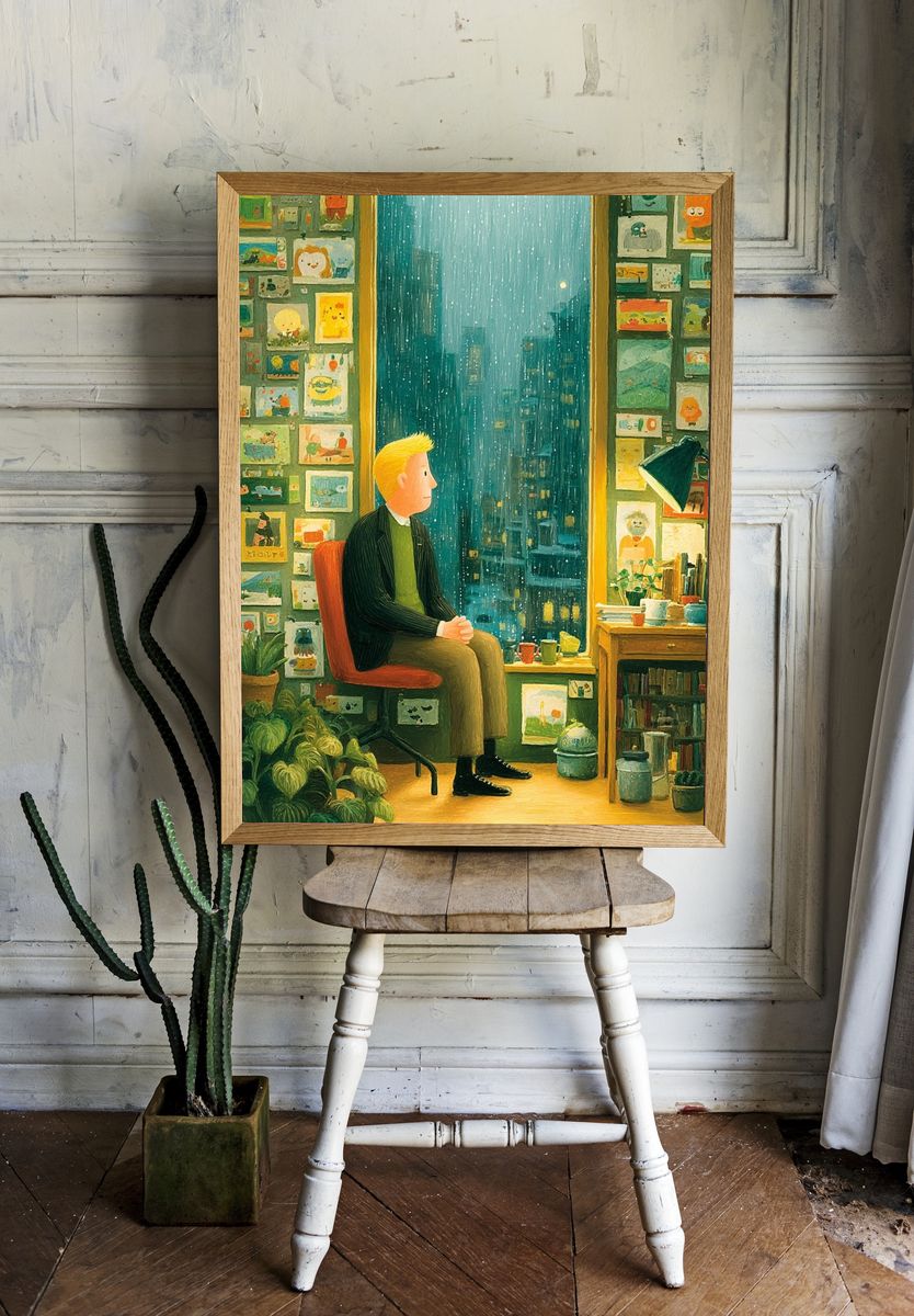 Rainy Window Portrait Illustration Poster. — room view 1