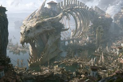 Fantasy Skull Harbor Illustration Poster.