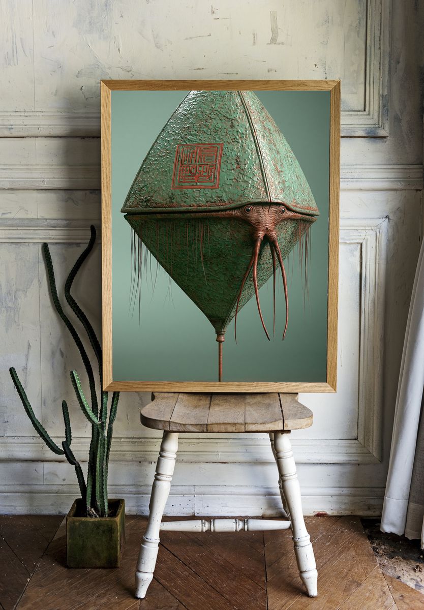 Surreal Lantern Creature Print. room preview