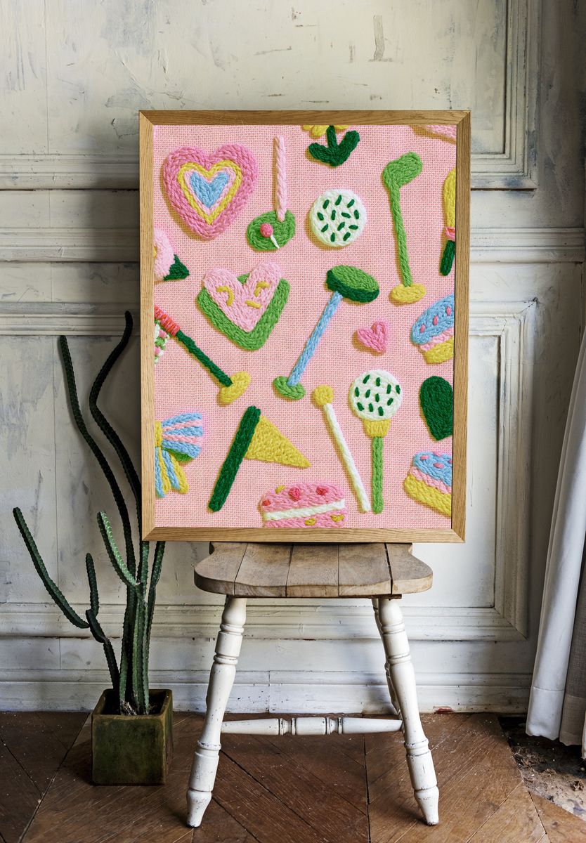 Pastel Embroidered Hearts Print. — room view 1