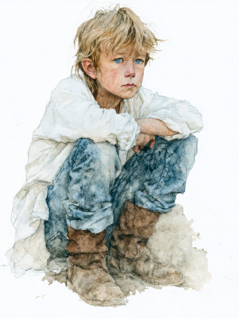 Boy in White Watercolor Print. poster — illustration art