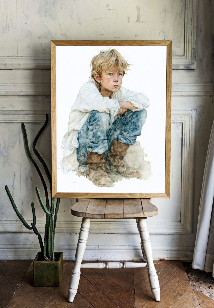 Boy in White Watercolor Print. room preview