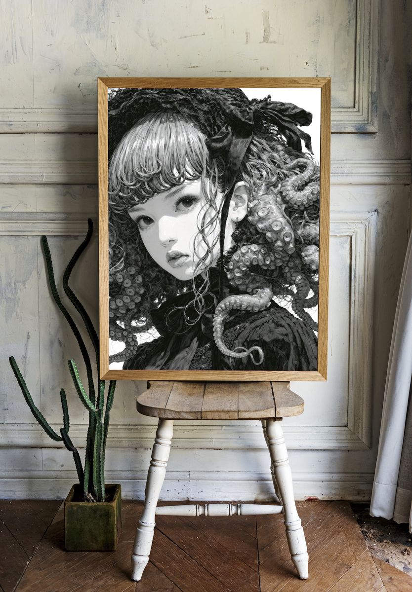 Octopus Girl Surreal Illustration Poster. room preview