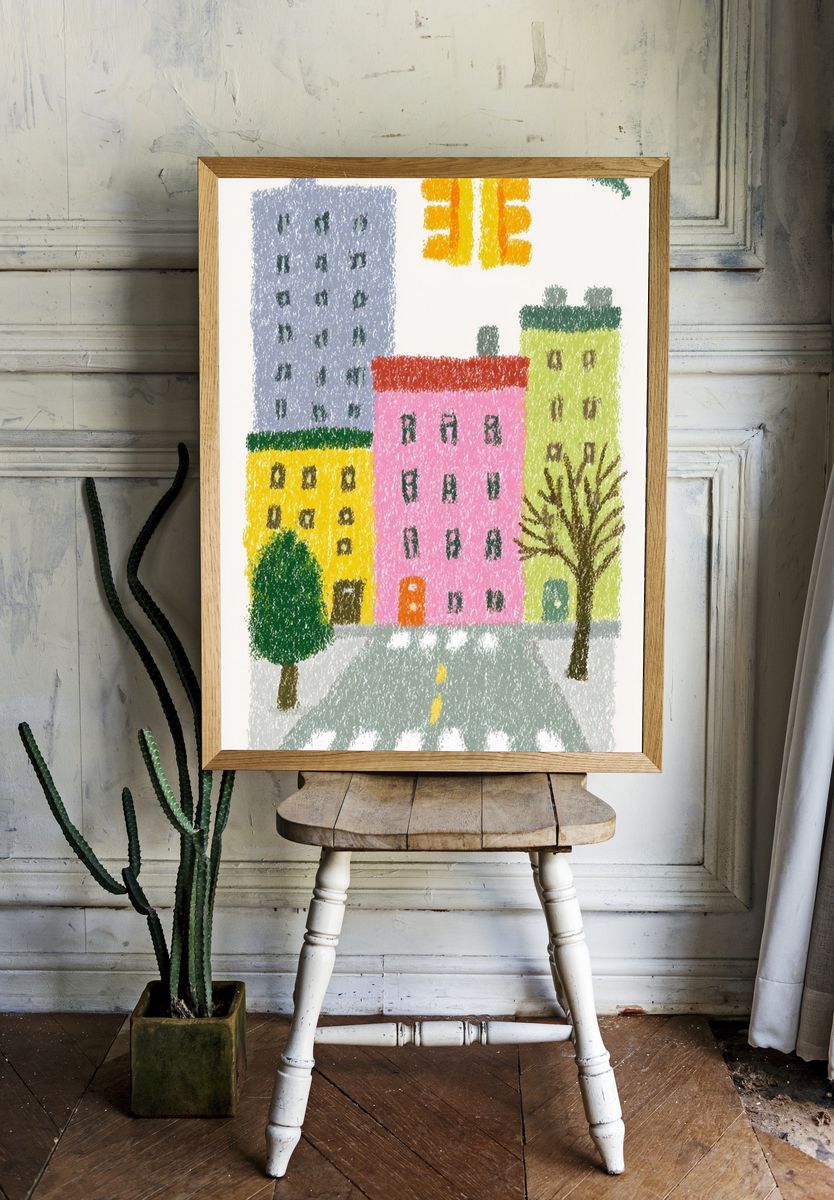 Colorful City Street Illustration Poster. — room view 1