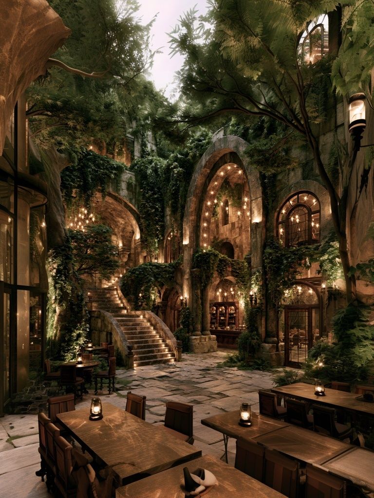 Enchanted Courtyard Interior Print. poster — illustration art