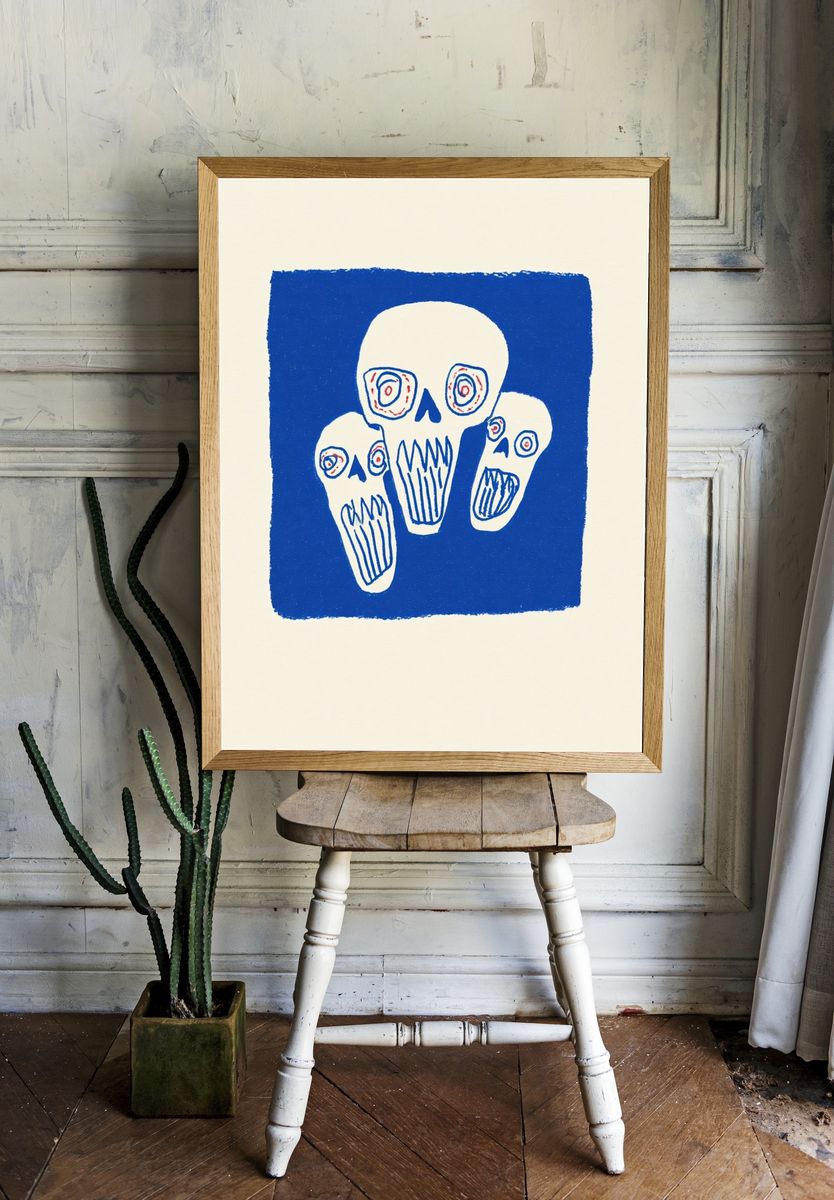 Blue Skull Trio Illustration Poster. room preview
