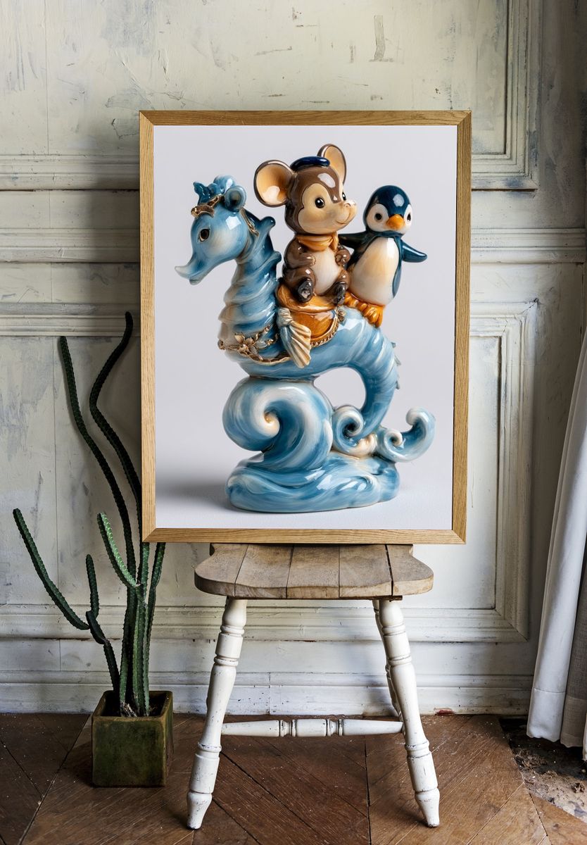 Whimsical Animal Figurine Illustration Print. room preview