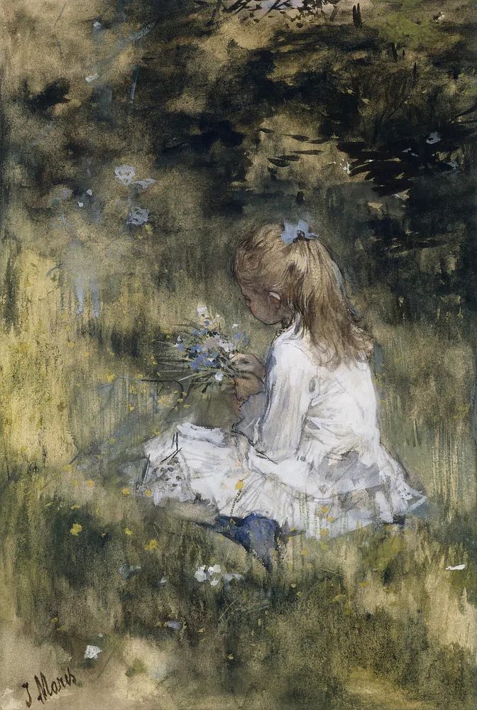 Girl Flowers Grass (1878) Jacob. poster — illustration art