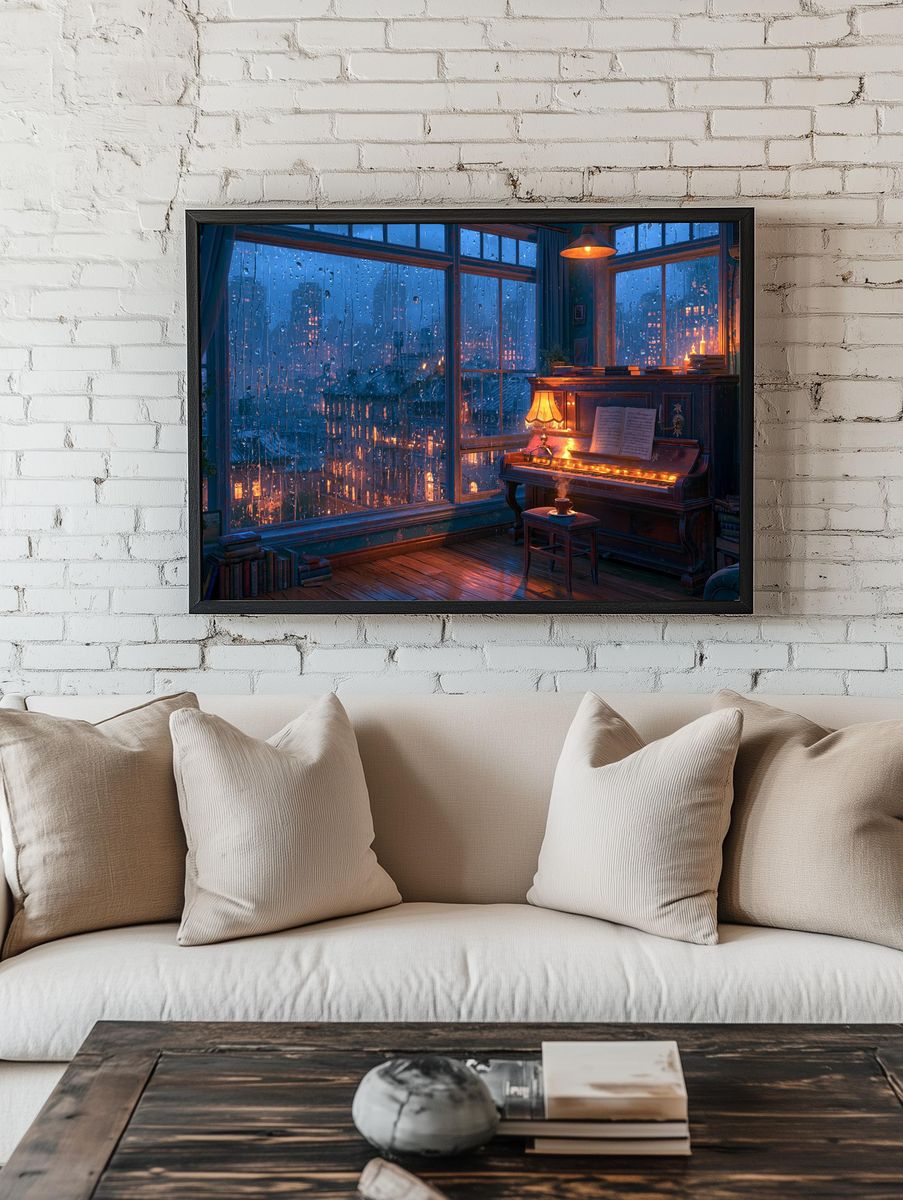 Rainy Piano Room Digital Art Print. — room view 1