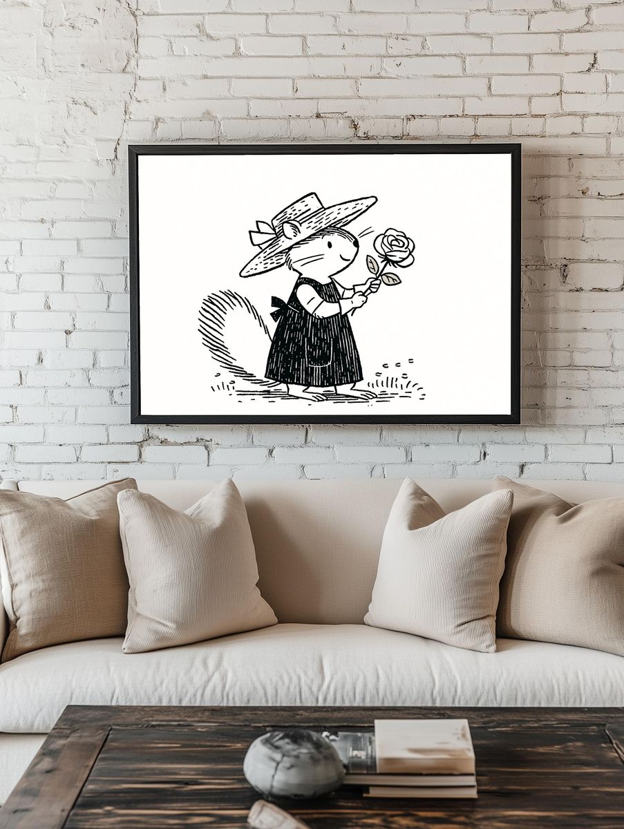 Mouse with Rose Ink Print. room preview