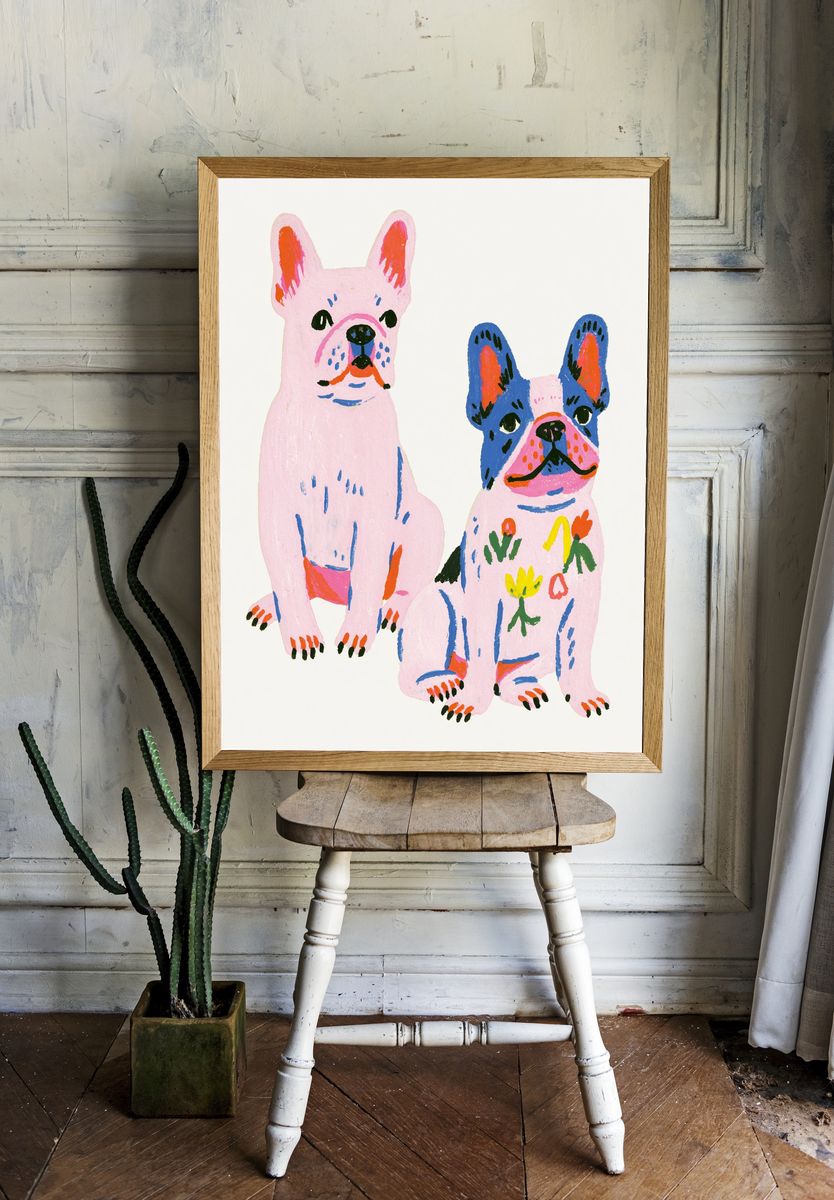 Playful French Bulldogs Illustration Poster. — room view 1