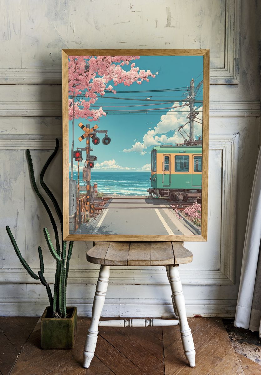 Seaside Train Crossing Illustration Poster. — room view 1