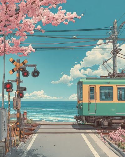 Seaside Train Crossing Illustration Poster. poster print