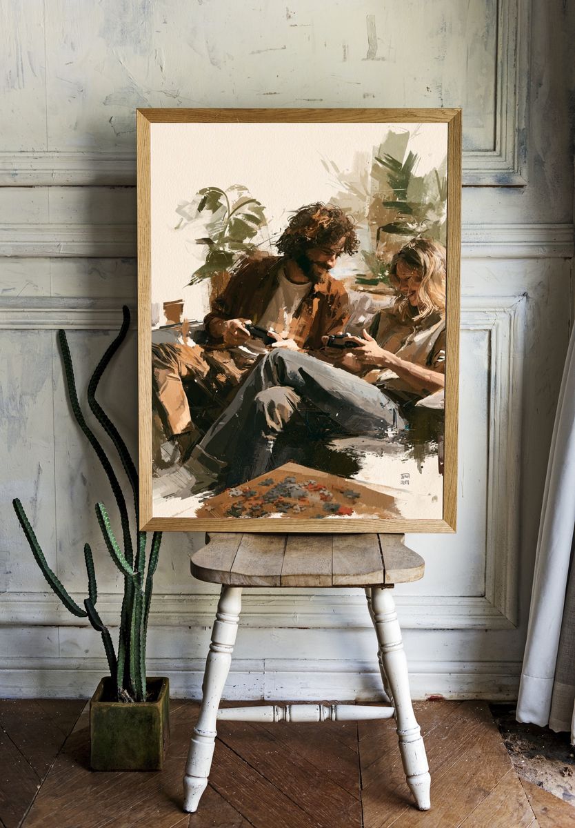 Cozy Gaming Couple Illustration Poster. room preview