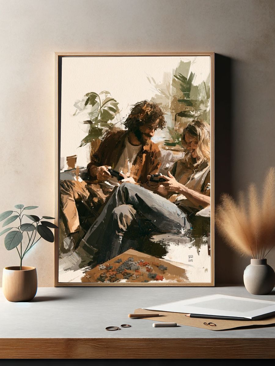 Cozy Gaming Couple Illustration Poster. — room view 2